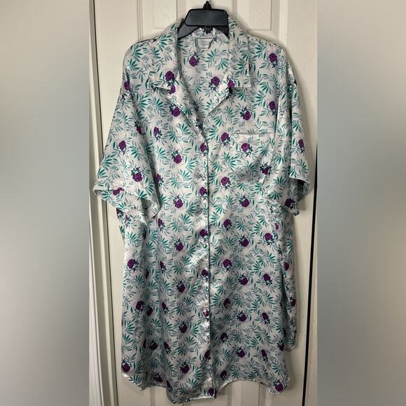 Intimate Moments Floral Satin Green Purple Button Up Retro Sleep Shirt 26/28 W - Picture 1 of 6